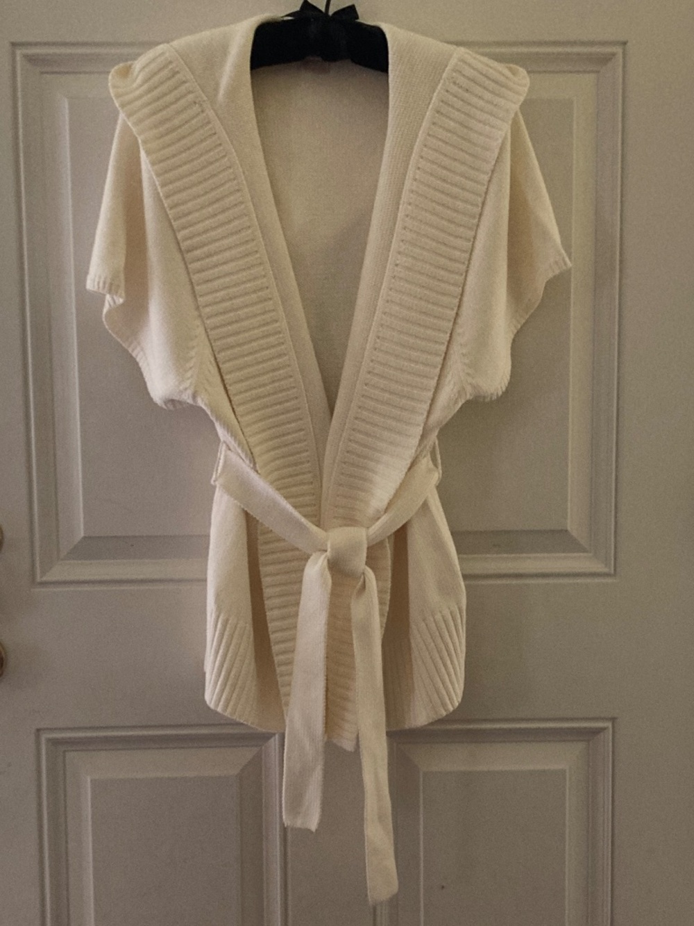 Michael Kors Ivory Short Sleeve Open Cardigan Sweater/Hood/Tie Belt/Ribbed/L/NEW
